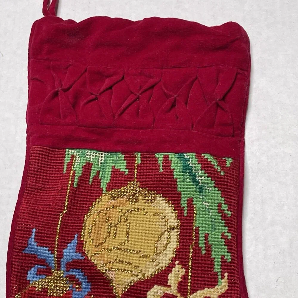 Vintage Needlepoint Christmas Stocking Gold Metallic Ornament Red Hanging‎ Decor